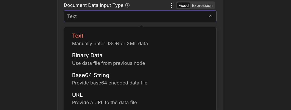 Menú desplegable Tipo de entrada de datos del documento en el nodo Generar documentos (múltiples) de n8n PDF4me que muestra cuatro opciones: Texto resaltado con descripción Introduzca manualmente datos JSON o XML, Datos binarios con descripción Utilice el archivo de datos del nodo anterior, Cadena Base64 con descripción Proporcione un archivo de datos codificado en base64, URL con descripción Proporcione una URL al archivo de datos